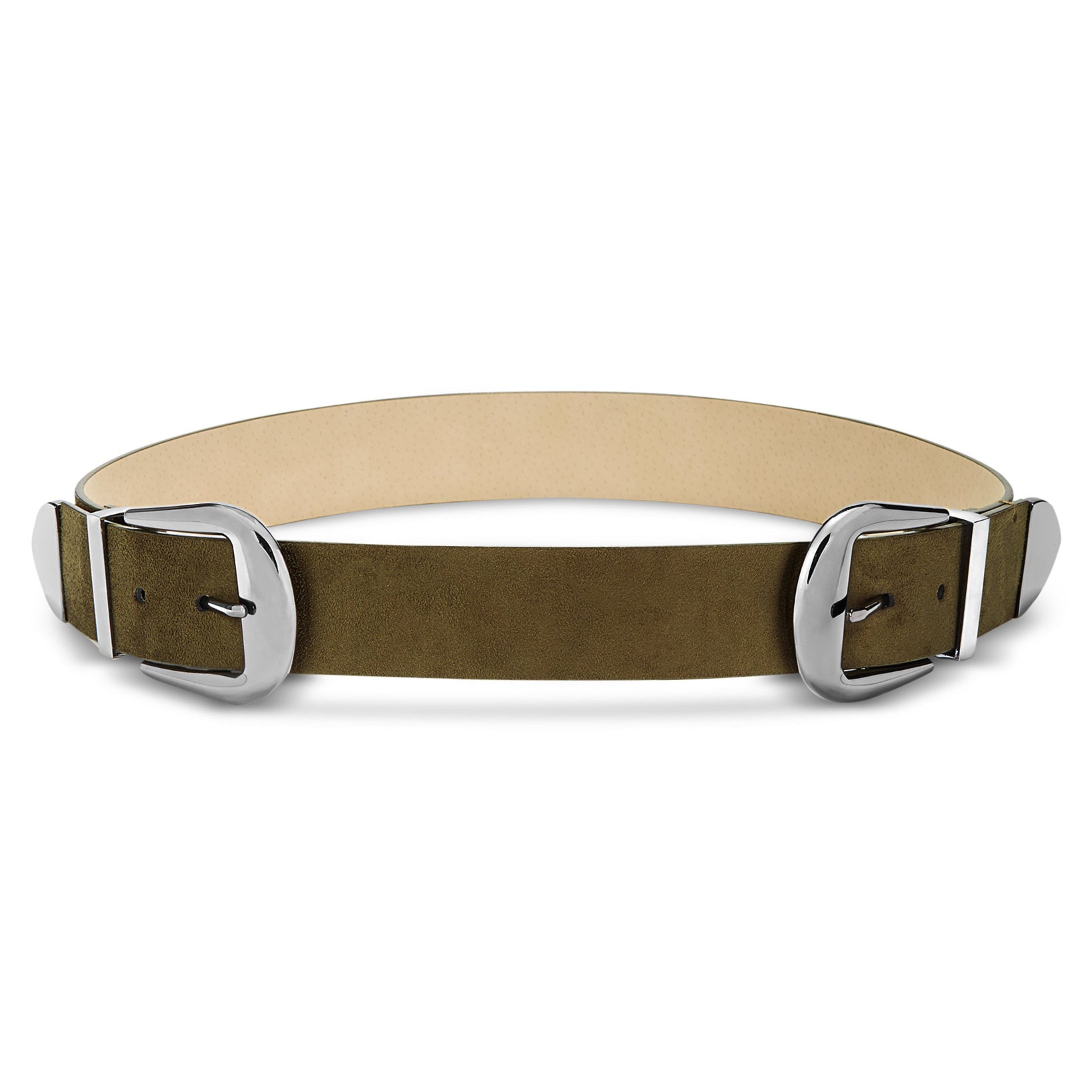 INC International Concepts Women Clean Double Buckle Belt Olive Silver