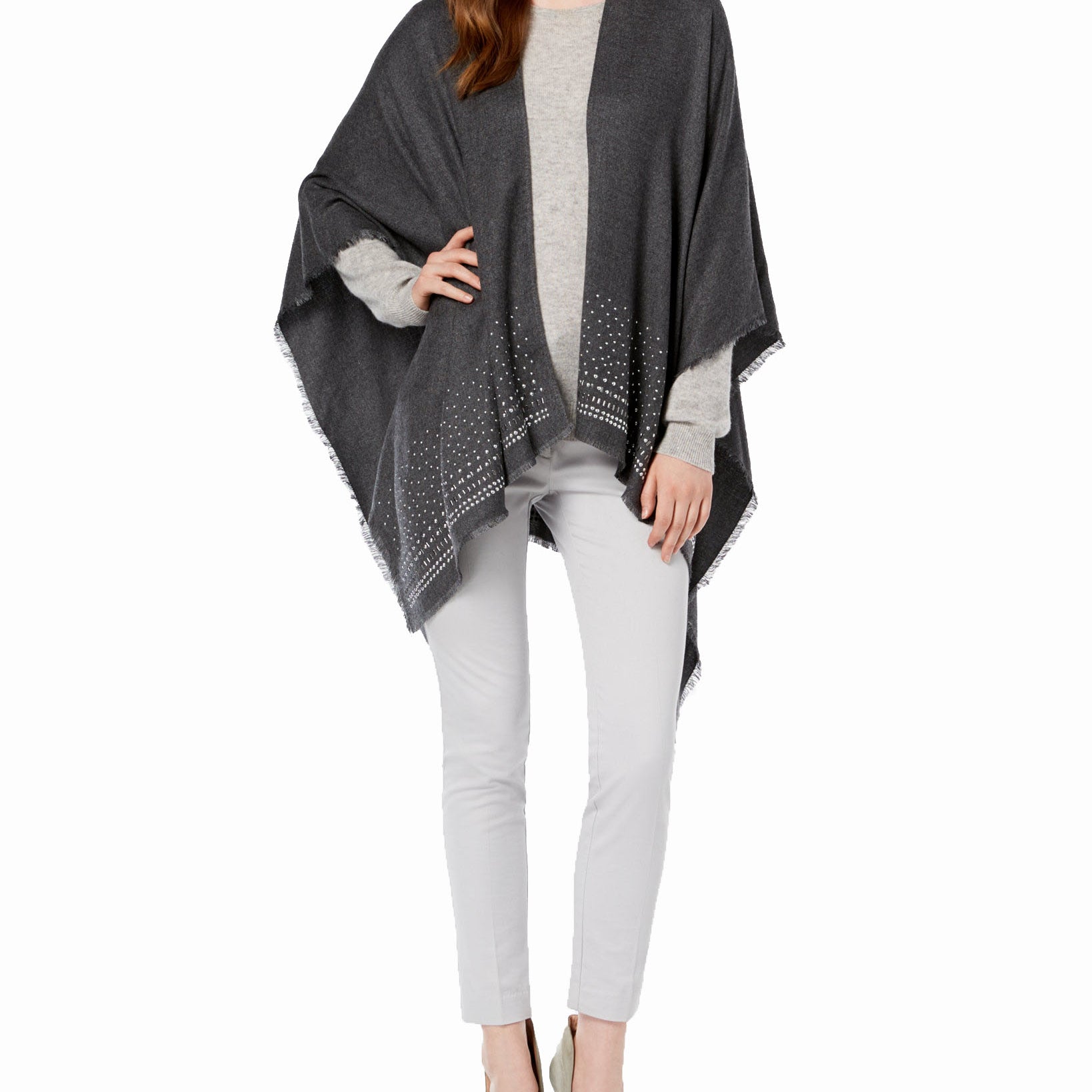 Charter Club Women Super Soft Embellished Poncho Grey Black