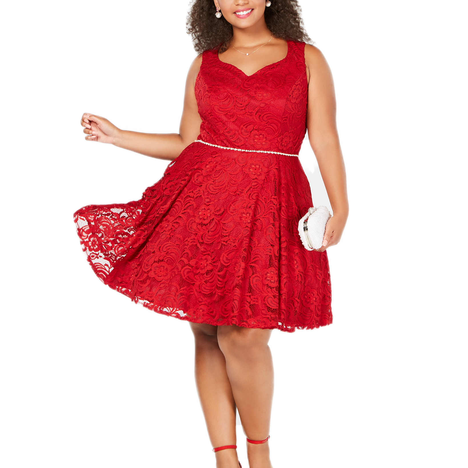 City Studios Women Plus Trendy Sleeveless Lace Fit & Flare Dress Red