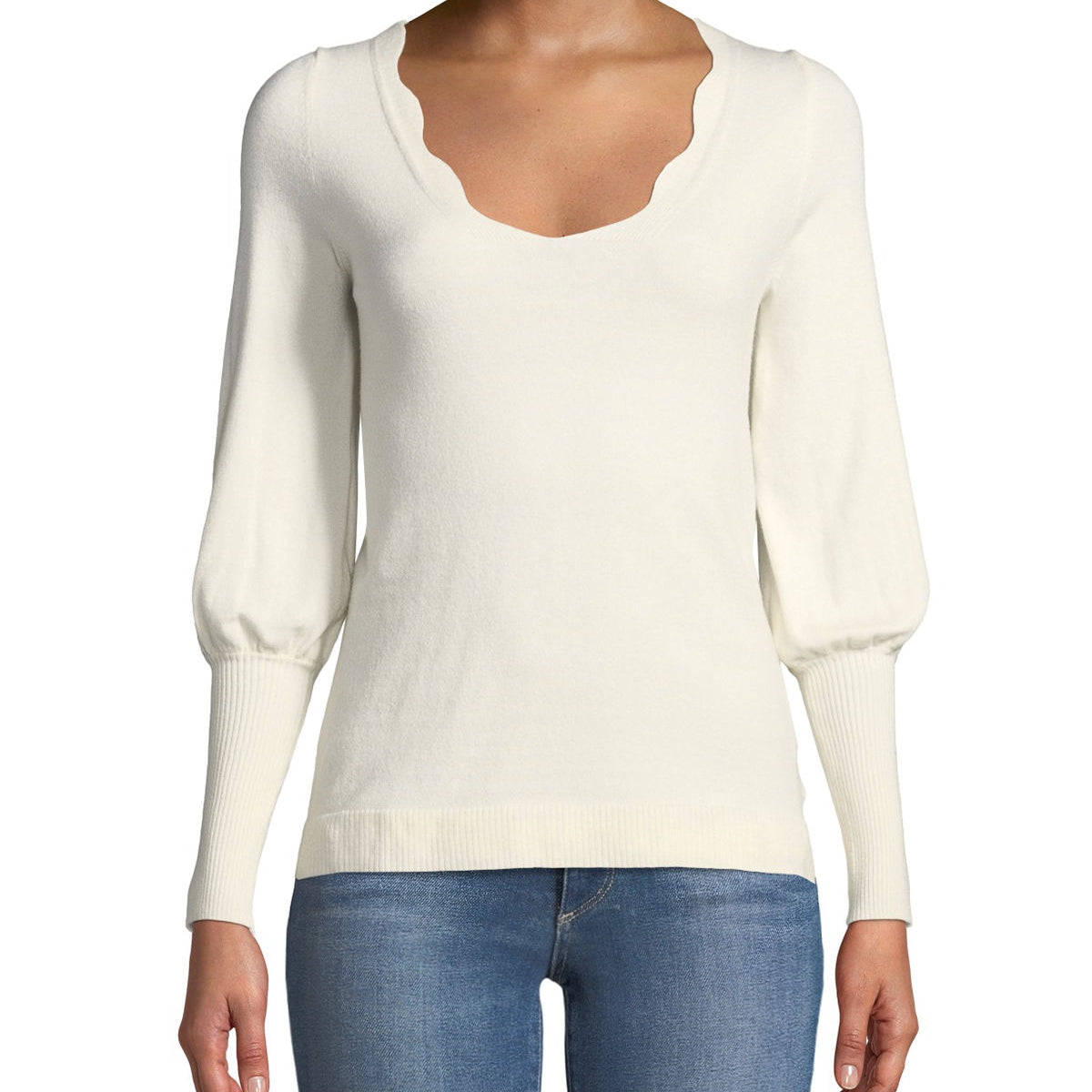 Love Scarlett Women Scalloped Neck Puffy Sleeve Sweater Winter White