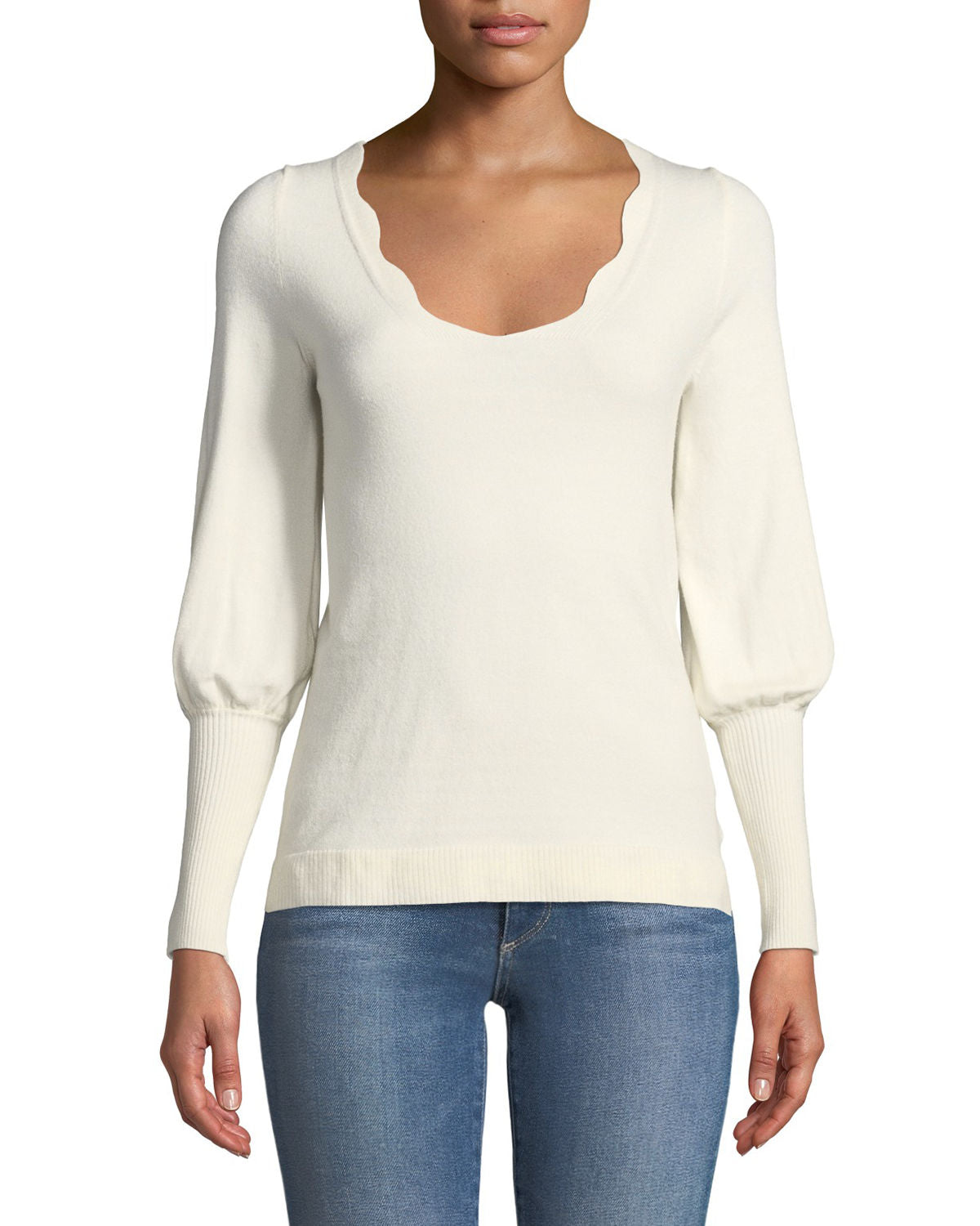 Love Scarlett Women Scalloped Neck Puffy Sleeve Sweater Winter White