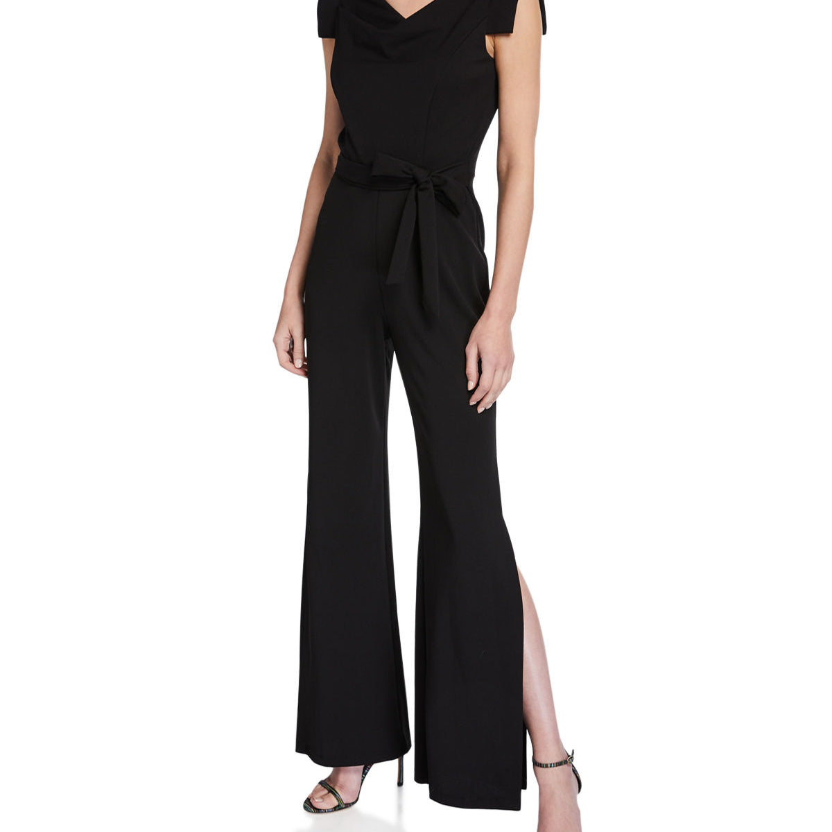 bebe Women Tie Waist Crepe Jumpsuit Black