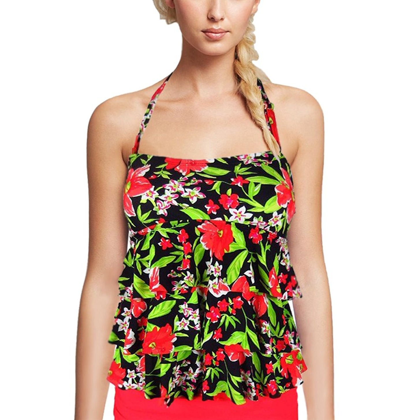 Island Escape Women Floral Tiered Ruffle Bandini Tankini with Removable Strap Red