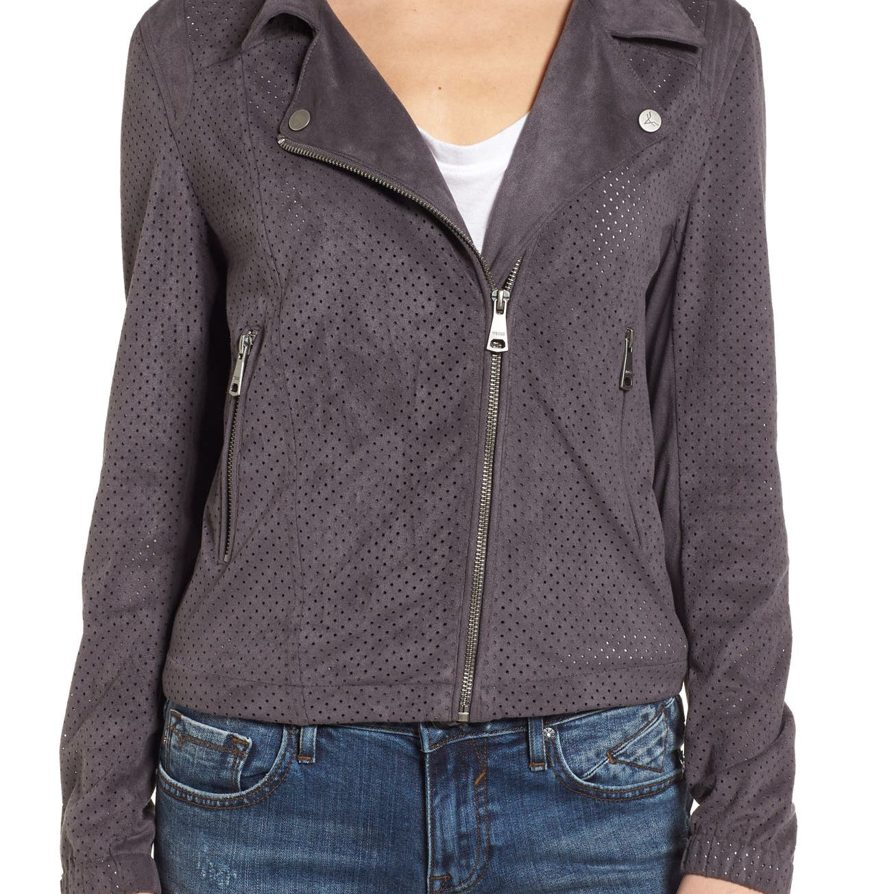 Vigoss Women Perforated Faux Suede Moto Jacket