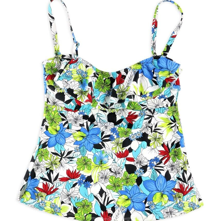 Island Escape Women Tahiti Tropical Garden Floral Tankini Top Blue