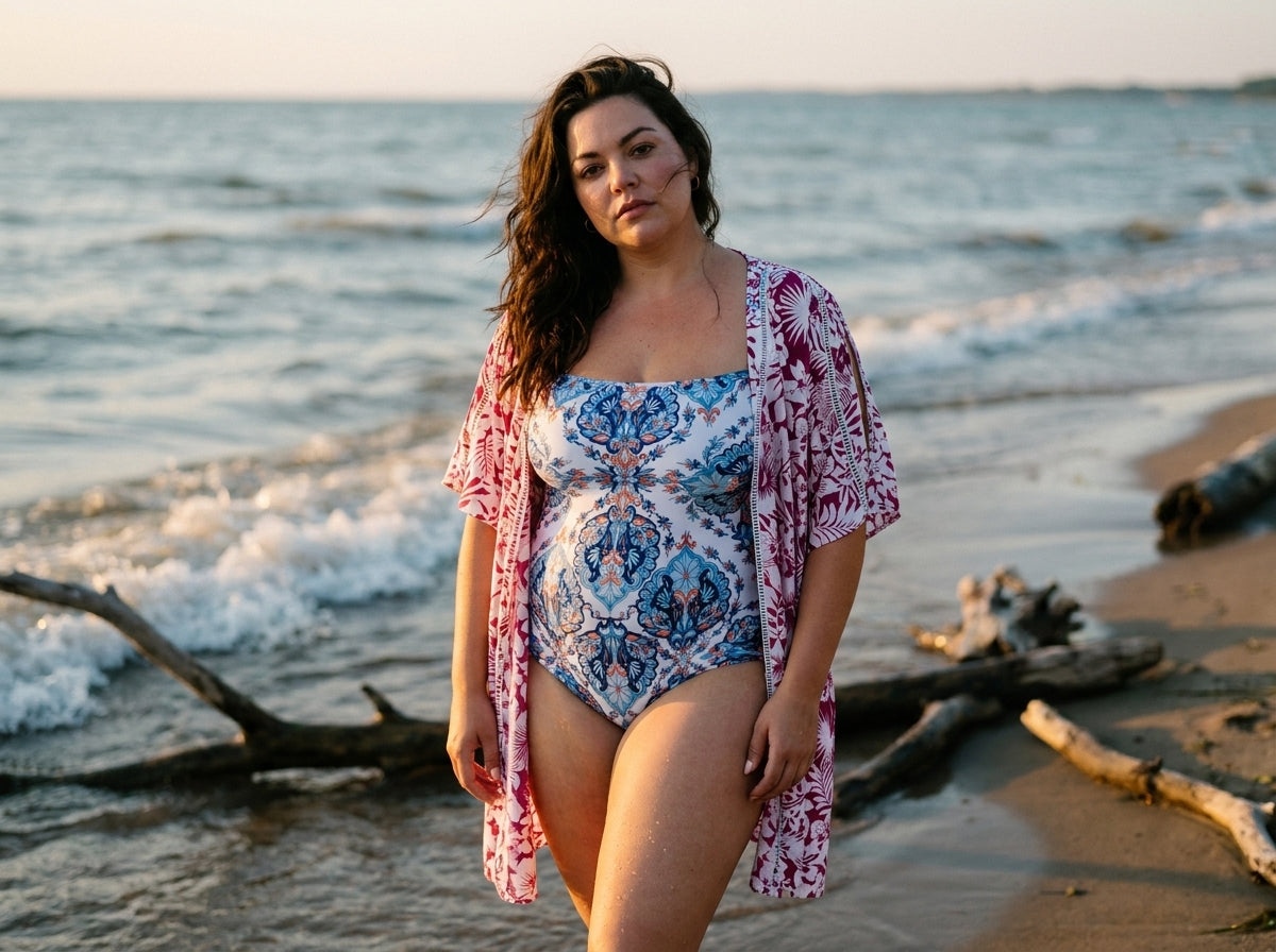 A woman stands on a beach wearing a blue and white patterned one-piece swimsuit with a pink and white floral kimono cover-up, with ocean waves and driftwood in the background.