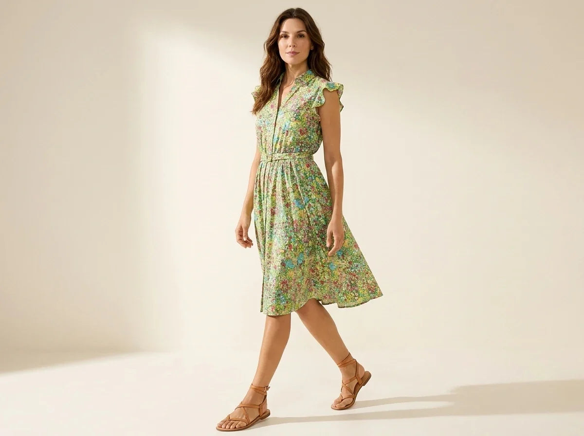 Brunette woman modeling a Charter Club green floral print midi shirt dress with flutter sleeves, a belted waist, and tan strappy flat sandals.