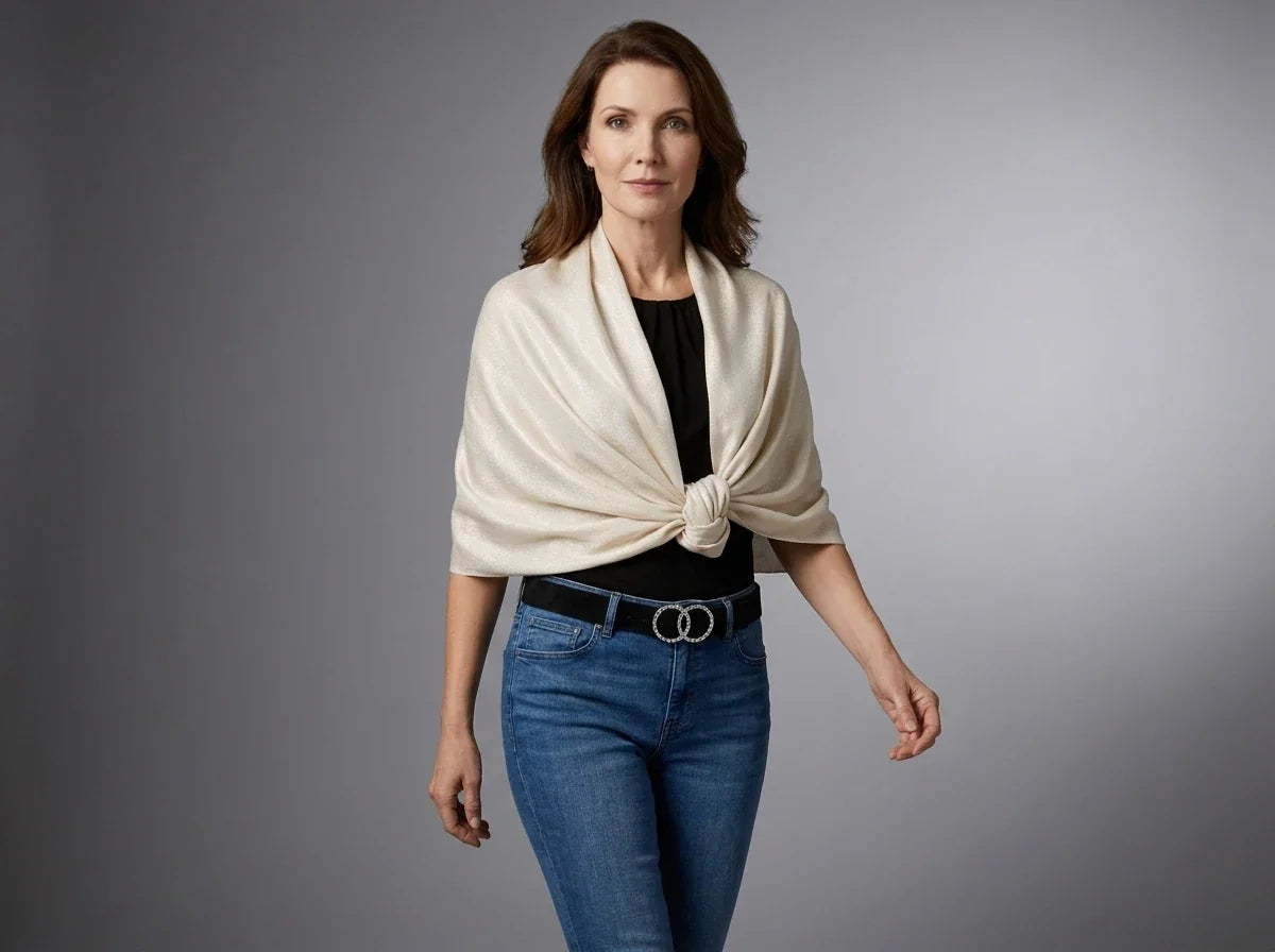 Woman wearing an ivory metallic shawl knotted at the front, paired with a black top, rhinestone double-ring belt, and blue jeans.