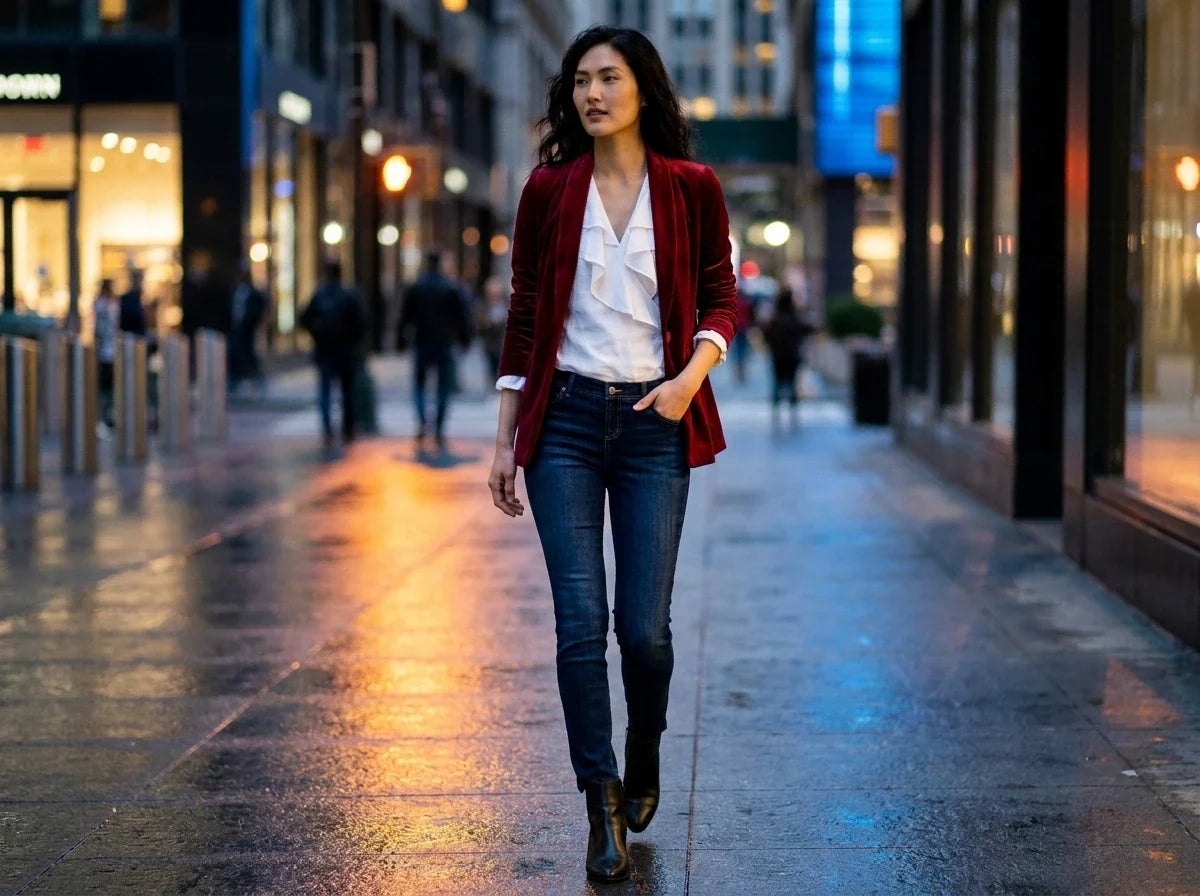 East Asian woman walking along a city sidewalk wearing a dark red velvet blazer, white ruffle-front blouse, dark skinny jeans, and black ankle boots.