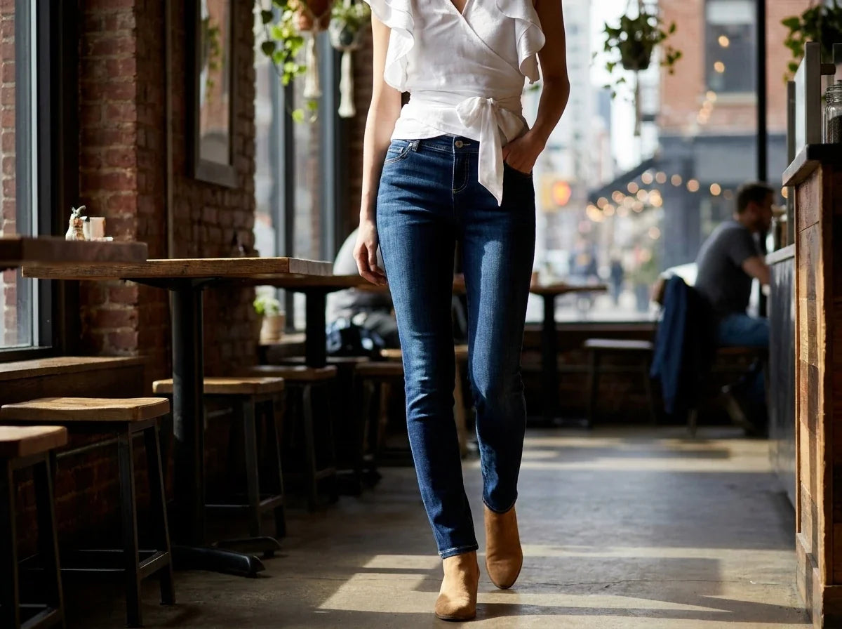 Cropped view of a woman walking in a cafe wearing dark wash skinny jeans, a white tie-waist wrap top, and tan suede ankle boots.