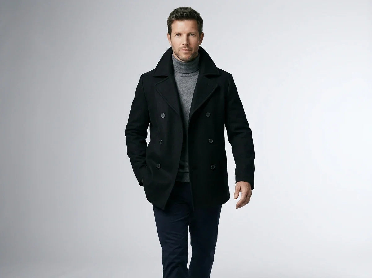 Man walking forward wearing a classic black double-breasted wool peacoat layered over a grey turtleneck sweater