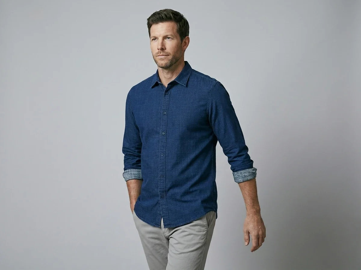 Man wearing a classic dark blue long-sleeve denim button-up shirt with rolled cuffs and light grey trousers.