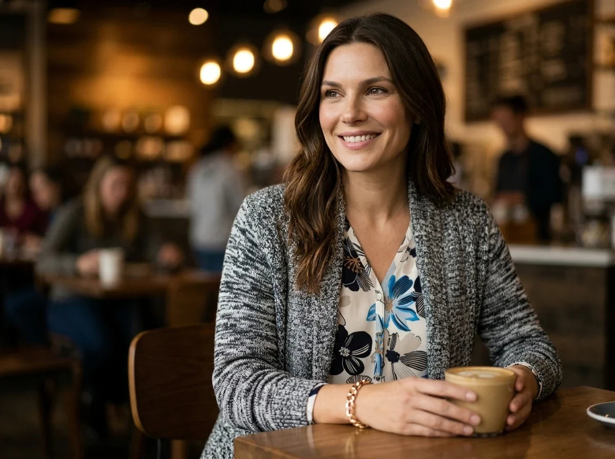 A smiling woman with long brown hair sits at a wooden table in a cozy, softly blurred cafe setting. She is wearing a gray marled cardigan over a cream blouse with blue and black floral patterns, and holds a light brown coffee cup.