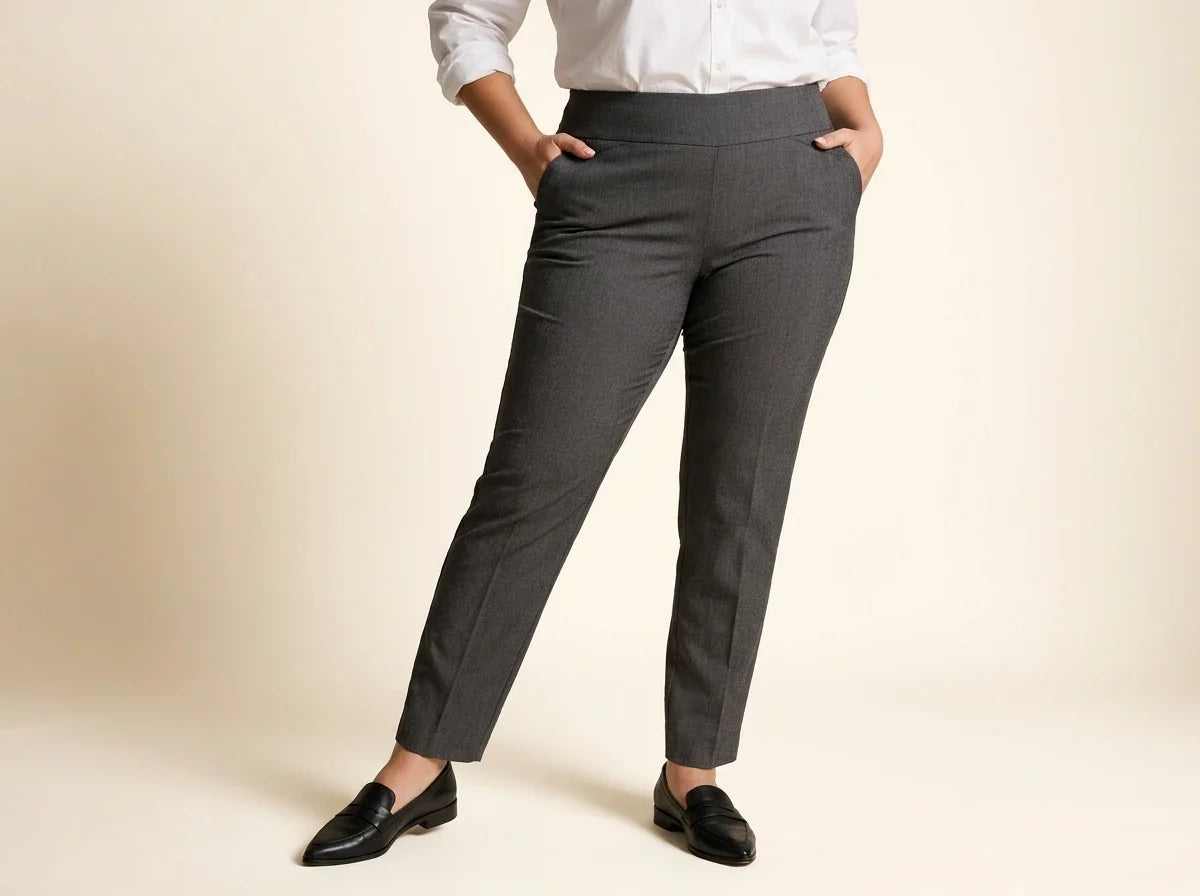 Cropped view of a woman wearing charcoal grey slim-leg tummy-control dress pants paired with pointed black leather loafers and a white button-down shirt.