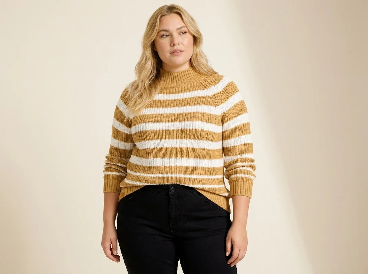 Blonde woman modeling a plus-size mustard yellow and white horizontal striped mock-neck sweater paired with black jeans.