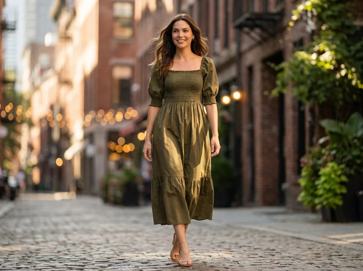 Smiling brunette woman walking down a cobblestone street wearing an olive green puff-sleeve smocked midi dress and tan ankle-strap heels.