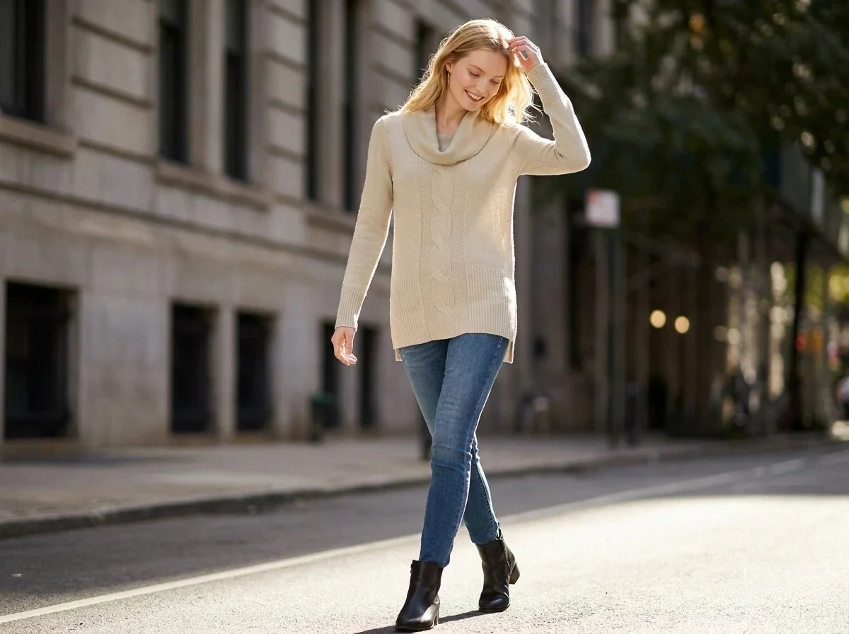 Smiling blonde woman walking on a city street wearing a beige cowl-neck cable-knit tunic sweater, medium-wash skinny jeans, and black heeled booties.