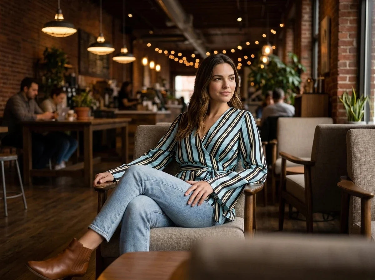 Brunette woman wearing a blue and black striped wrap blouse, light-wash jeans, and brown leather ankle boots sitting in an armchair at a warm cafe.