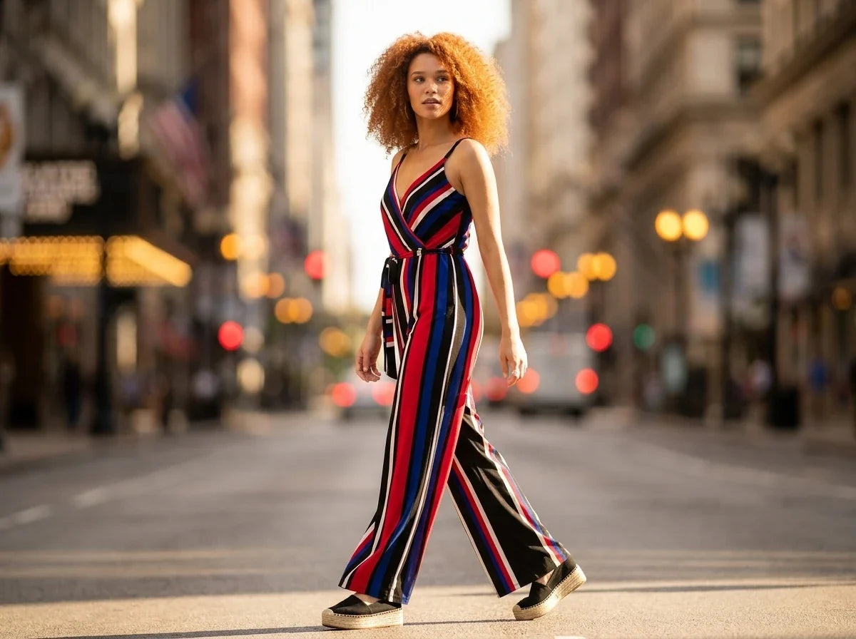 Woman with curly red hair crossing a city street wearing a bold striped sleeveless wide-leg jumpsuit and black platform espadrille slip-ons.