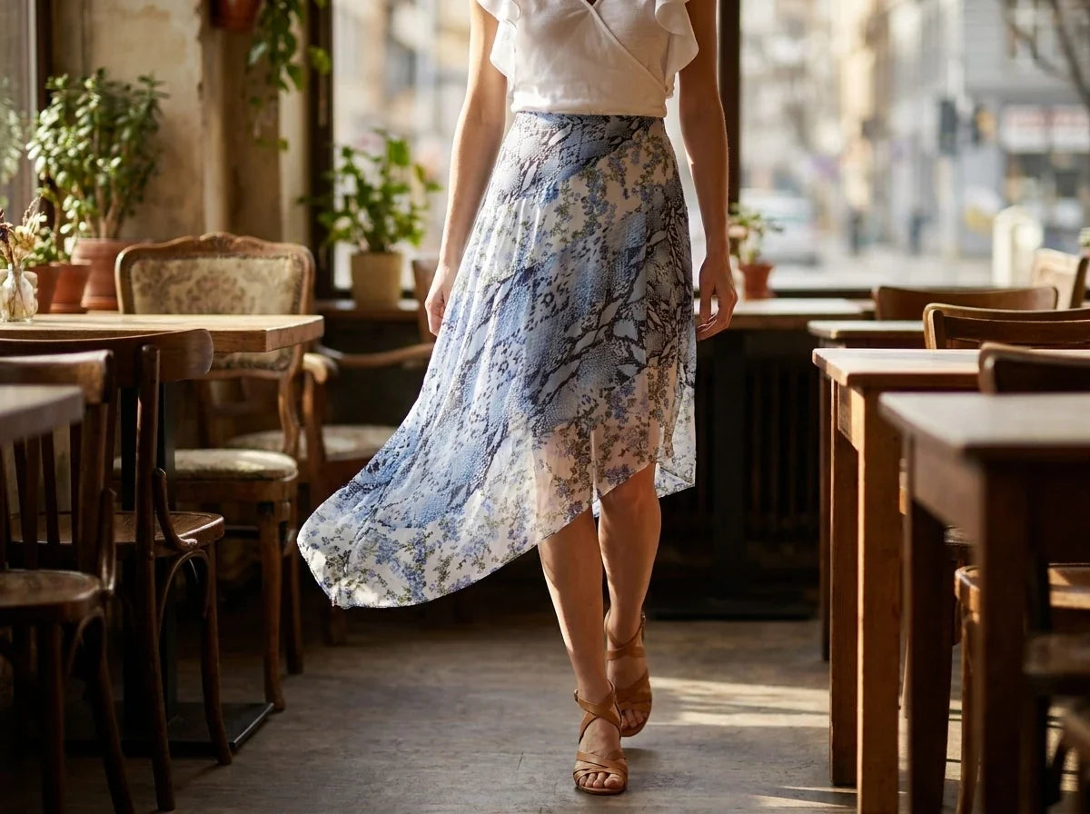 A woman walking through a sunlit cafe wearing a high-waisted, flowy midi skirt with a blue and beige floral branch pattern, paired with a white top and tan sandals.