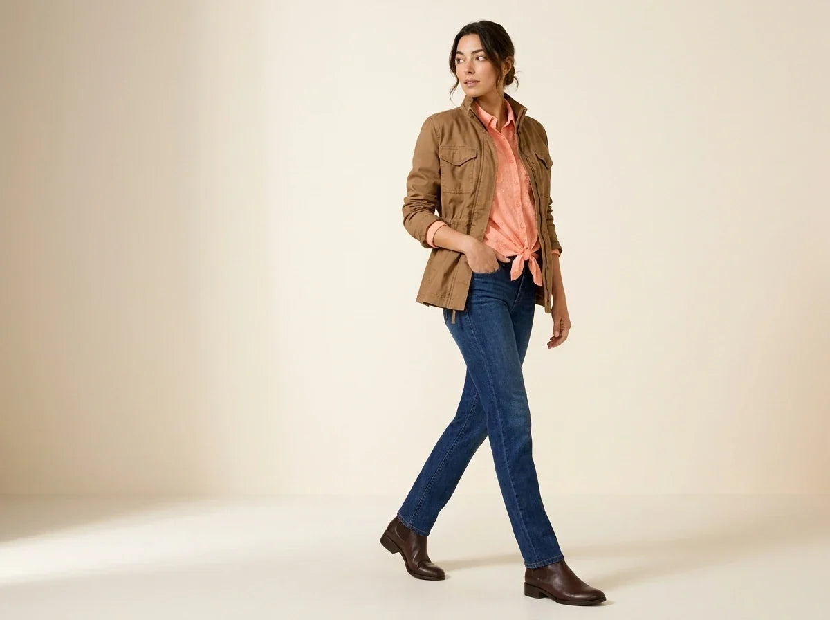 Brunette woman modeling petite-fit straight leg blue jeans with a tan utility jacket, peach tie-front shirt, and dark brown leather boots.