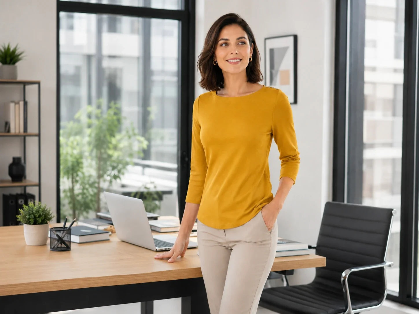 A woman with dark hair stands in a bright modern office, smiling at the camera. She is wearing a mustard yellow long-sleeve top and beige pants, leaning against a wooden desk with a laptop on it.