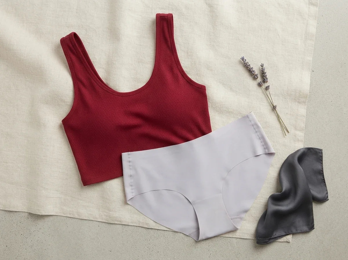 A flat-lay of shapewear pieces on a light beige fabric background: a sleeveless scoop-neck top in deep red, high-waisted briefs in pale gray, and a matching shapewear panel in dark charcoal gray, styled with dried lavender sprigs.