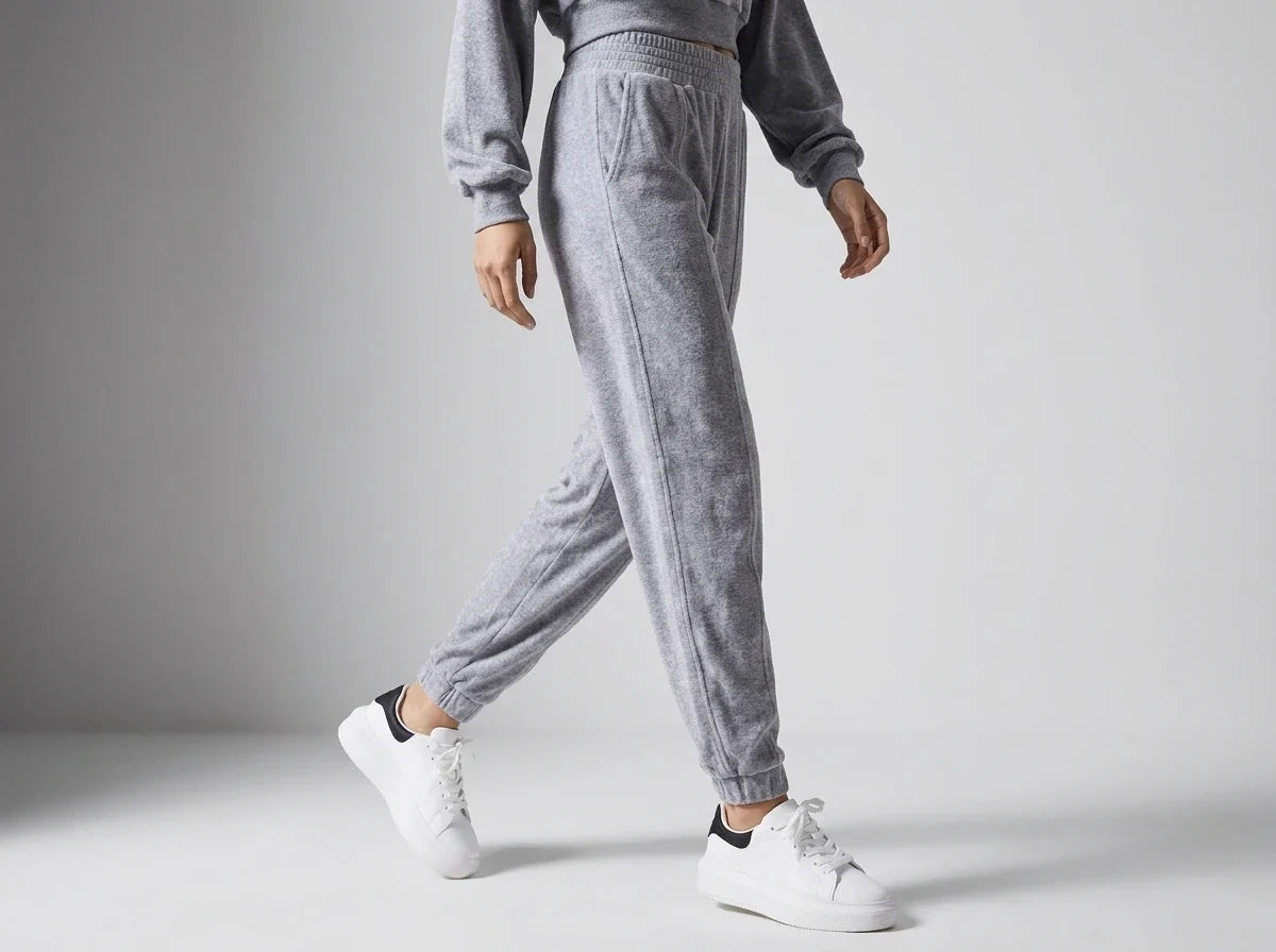 A person wearing gray heather jogger sweatpants and a matching gray sweatshirt, paired with white sneakers, shown from the waist down against a light gray studio background.
