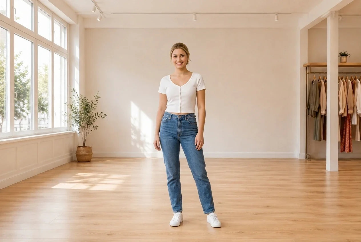 Model wearing Teen Large Blouses Teen Button-Front Crop Top (Young Women's Fit) in Online Warehouse Sale boutique studio