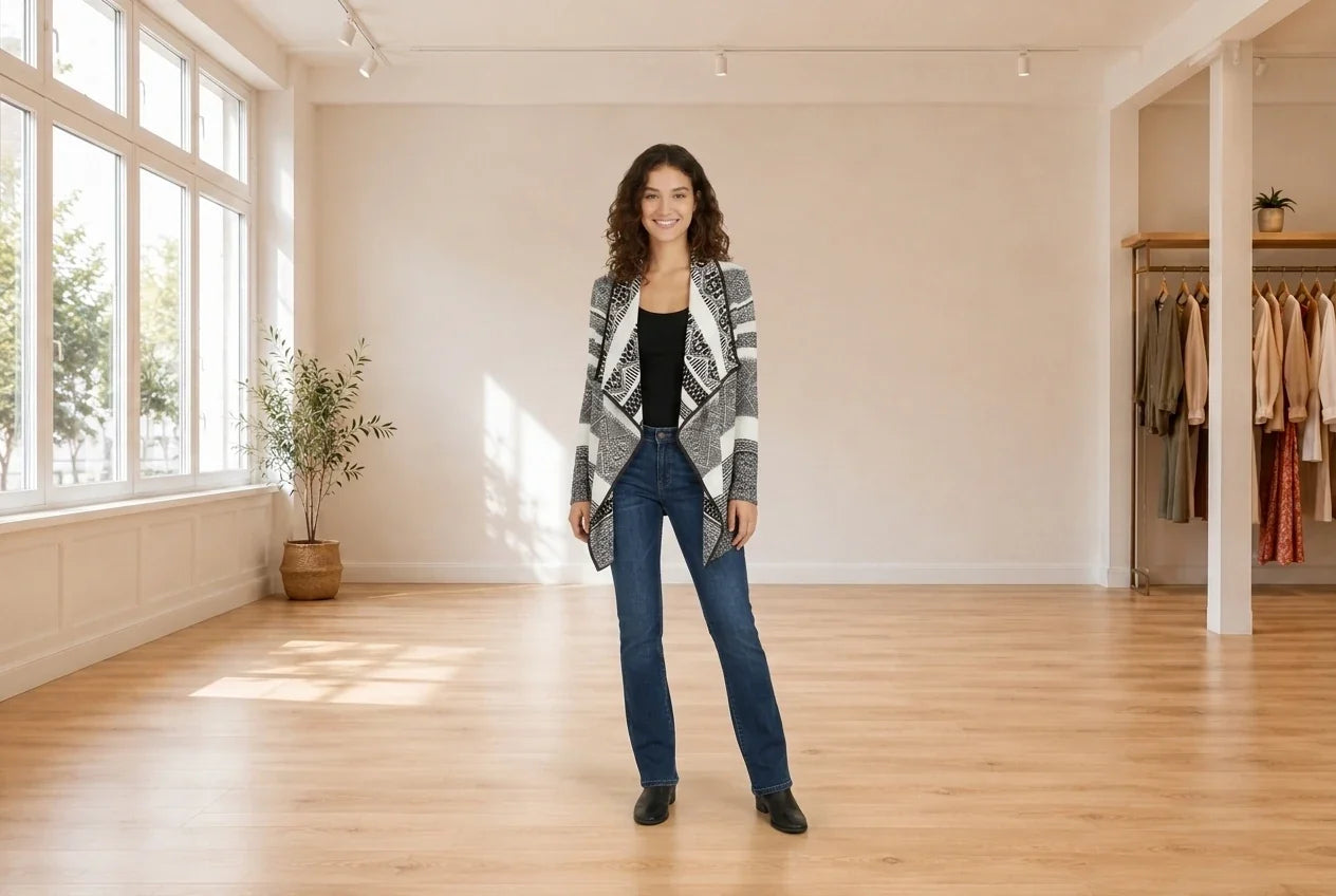 Model wearing Teen Large Sweaters and Cardigans Teen Draped Aztec-Pattern Cardigan (Young Women's Fit) in Online Warehouse Sale boutique studio