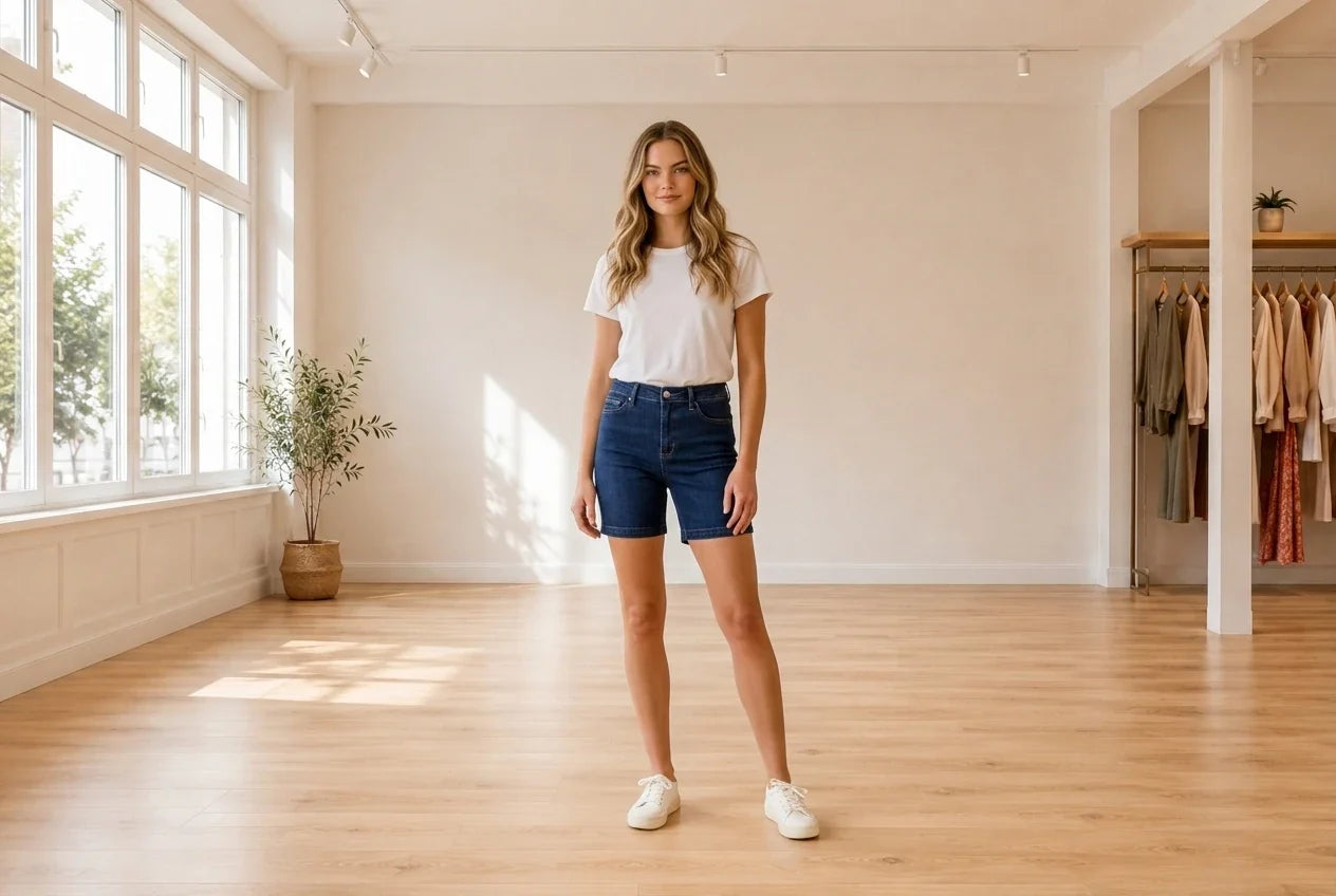 Model wearing Teen Medium Bottoms (Young Women's) Women's Denim Shorts in Online Warehouse Sale boutique studio