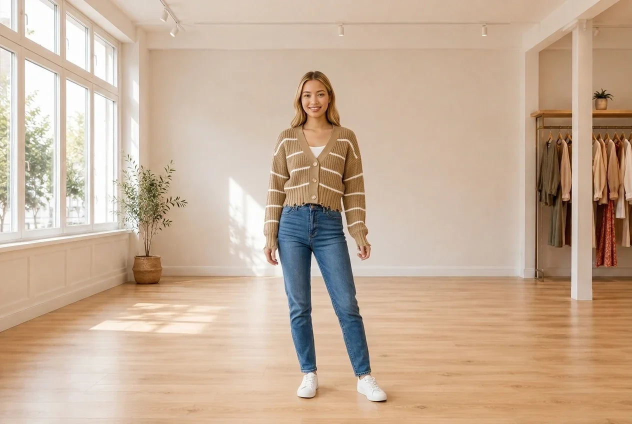 Model wearing Teen Medium Cardigans Teen Striped Cropped Cardigan (Young Women's Fit) in Online Warehouse Sale boutique studio