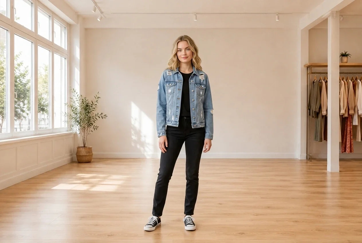 Model wearing Teen Medium Coats, Jackets and Blazers Teen Ripped Denim Jacket (Young Women's Fit) in Online Warehouse Sale boutique studio