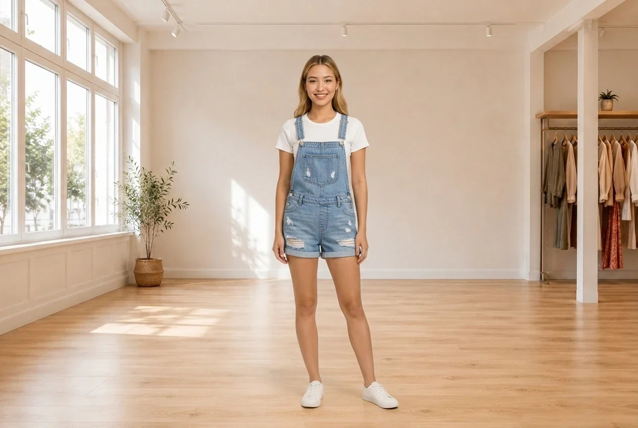 Model wearing Teen Medium Jumpsuits and Rompers Teen Ripped Cuffed Denim Shortalls (Young Women's Fit) in Online Warehouse Sale boutique studio