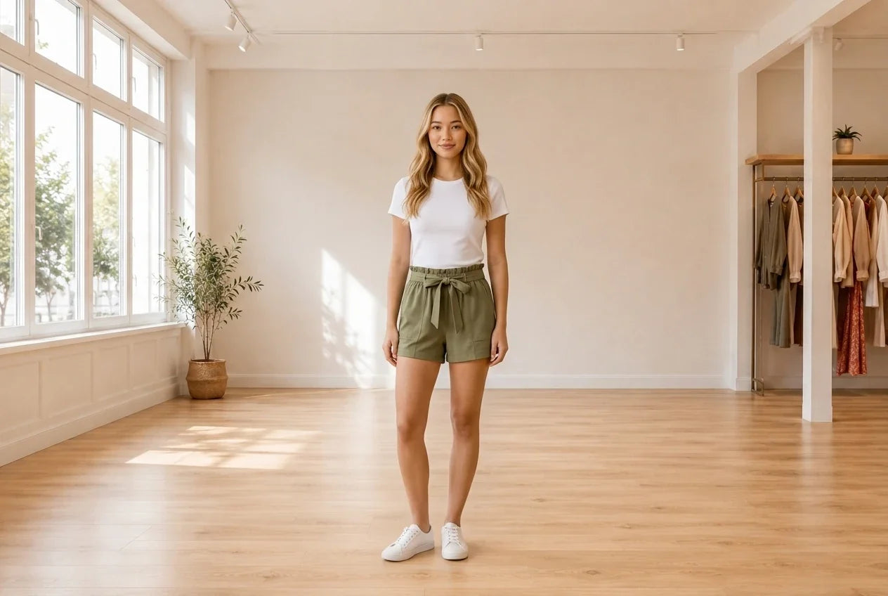 Model wearing Teen Medium Shorts Teen Pull-On Shorts (Young Women's Fit) in Online Warehouse Sale boutique studio