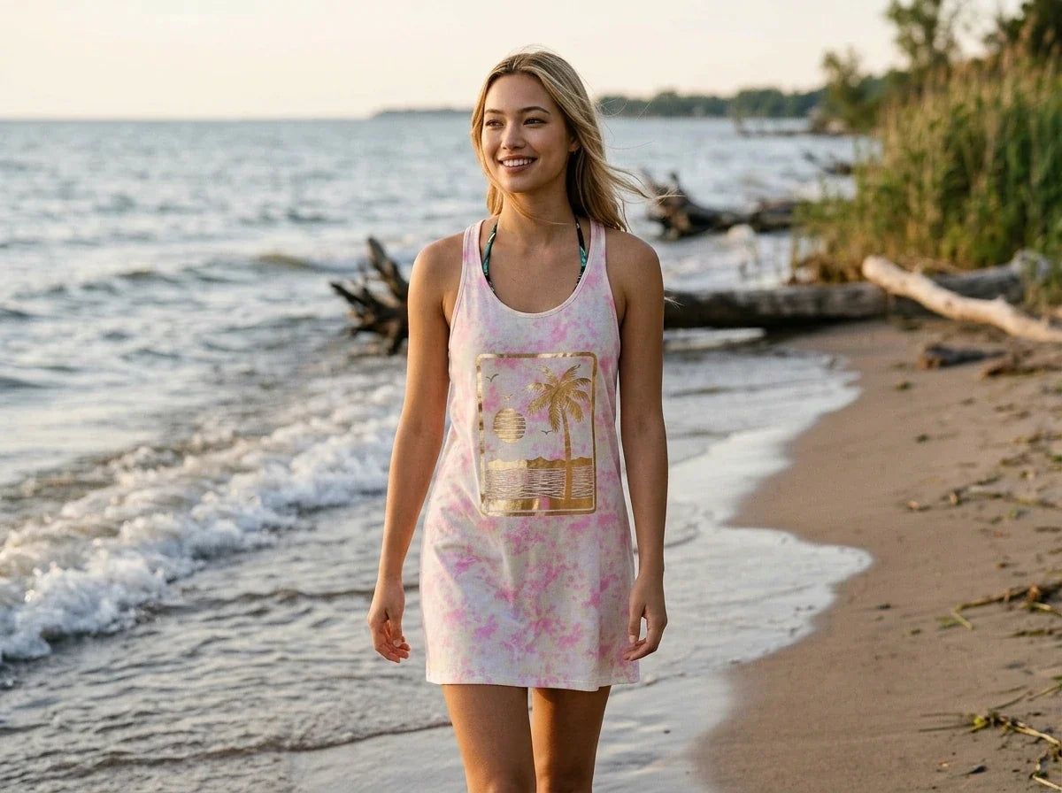 A woman stands on a sandy beach at sunset wearing a sleeveless white tankini-style dress with pink tie-dye swirls and a large rectangular tropical graphic on the front.