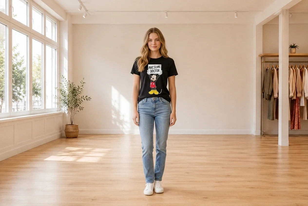 Model wearing Teen Medium Tops (Young Women's) Teen Classic Mickey Doctor Short Sleeve T-shirt in Online Warehouse Sale boutique studio