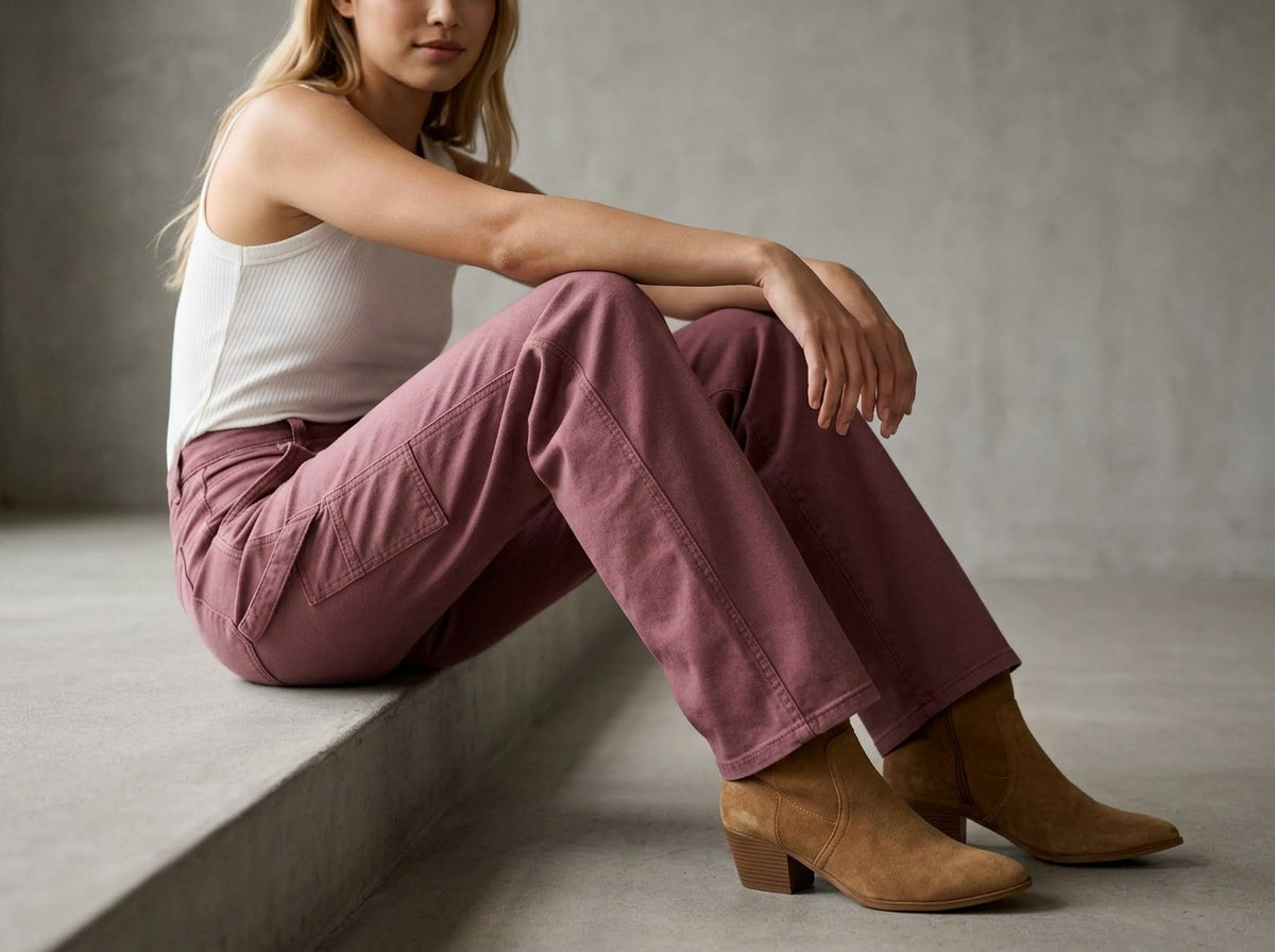 A woman sits on a concrete ledge wearing dusty rose cargo pants, a white ribbed tank top, and tan ankle boots against a gray concrete wall.