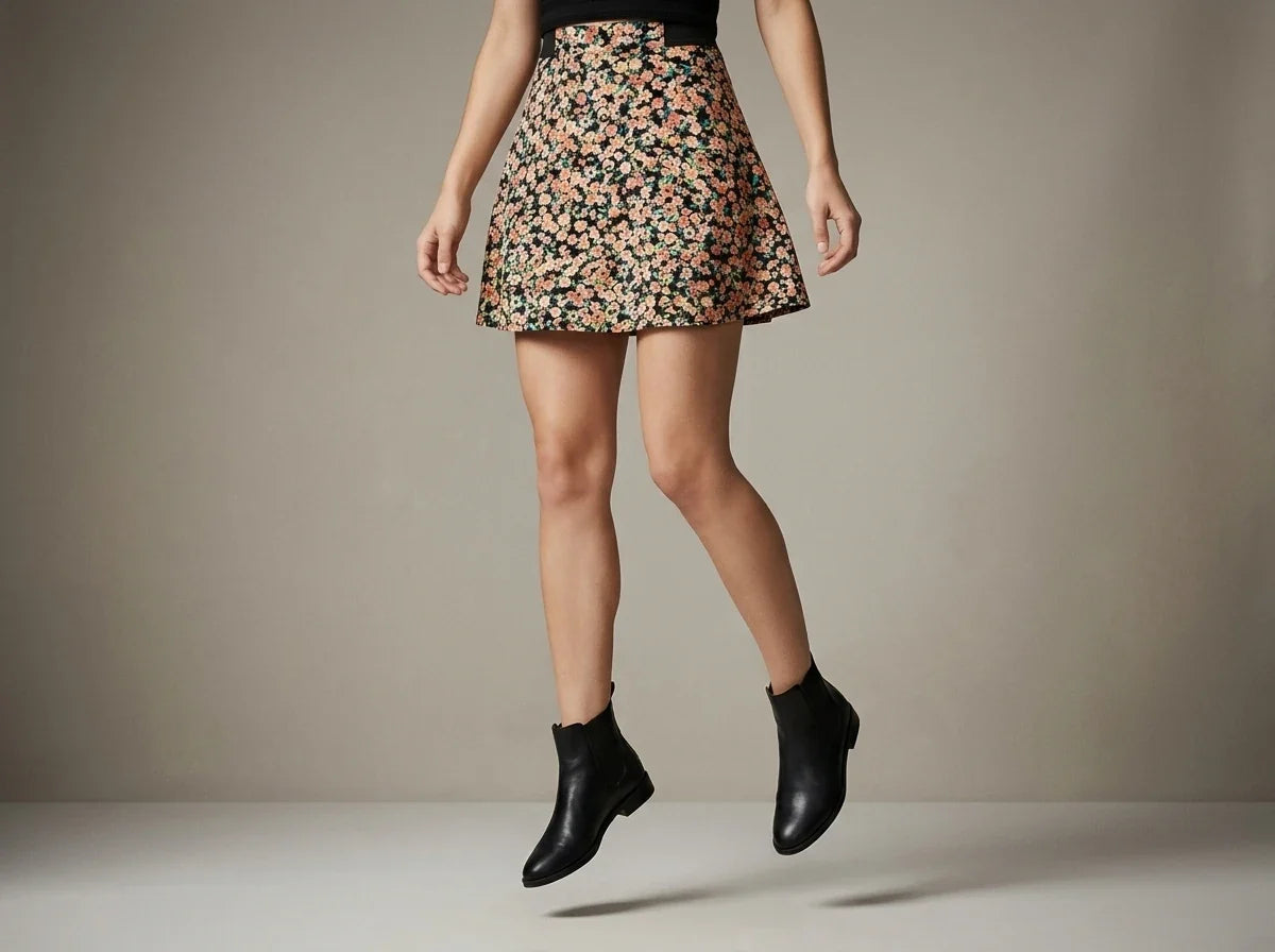 A model wearing a short A-line skirt with a dense floral print in pink, orange, and green on a dark background, paired with black ankle boots, captured mid-step against a neutral studio backdrop.