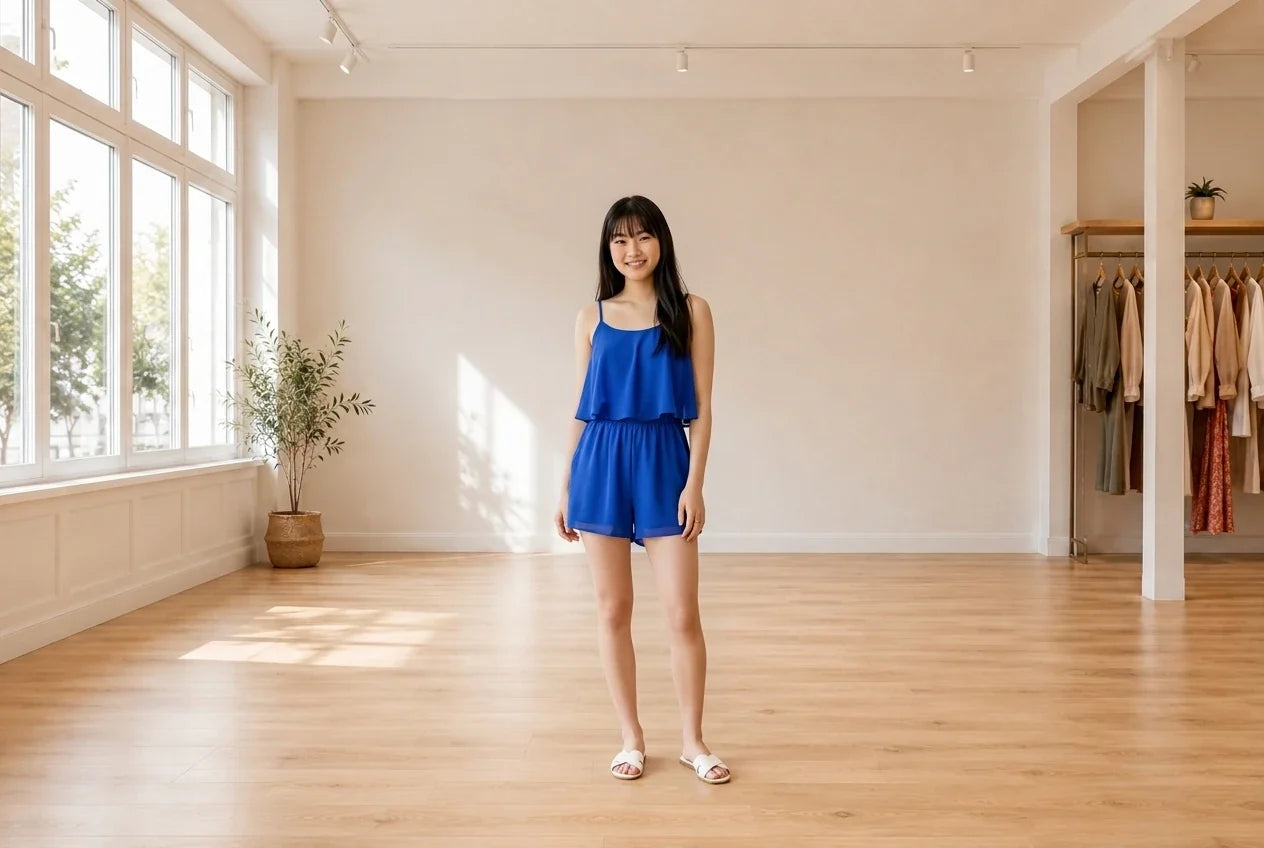 Model wearing Teen Small Jumpsuits and Rompers Teen Sleeveless Overlay Romper (Young Women's Fit) in Online Warehouse Sale boutique studio