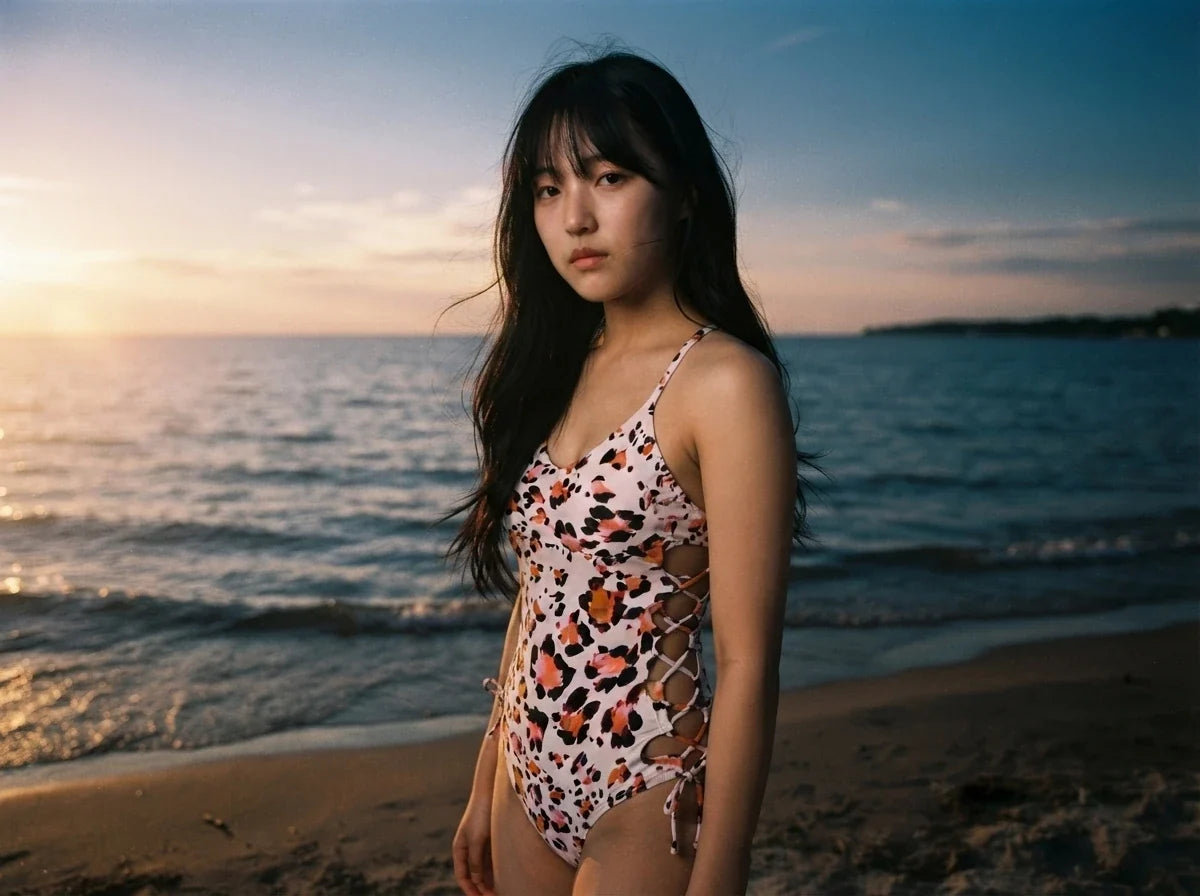 Light pink leopard print one-piece swimsuit with strappy side cutouts, modeled on a beach at sunset.