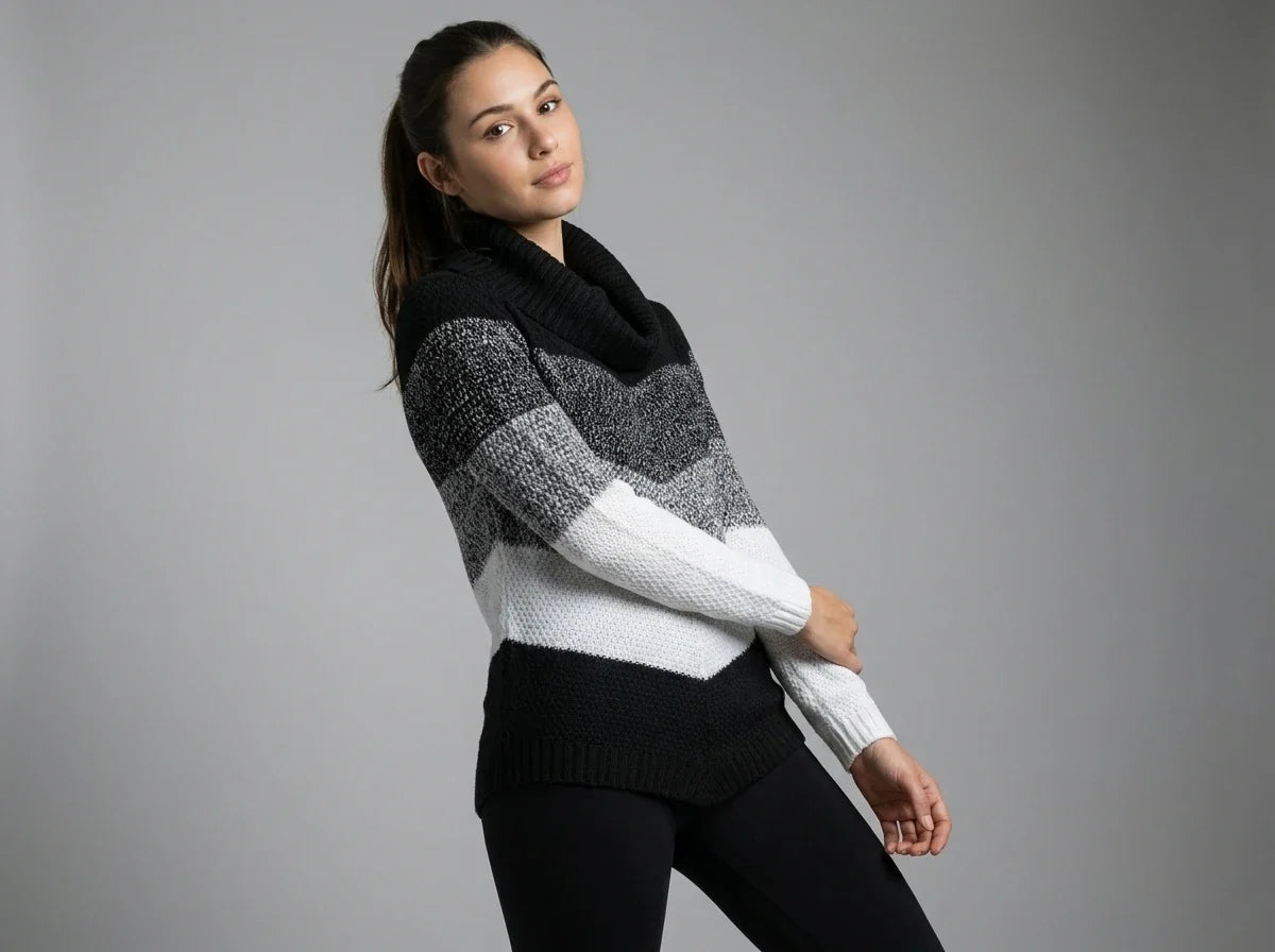 A woman modeling a chunky knit cowl-neck sweater with horizontal stripes in black, gray, and white, paired with black leggings, against a solid gray studio background.