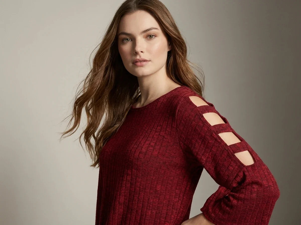A woman wearing a textured burgundy knit sweater with cutout details on the sleeve, posed against a neutral gray studio background.