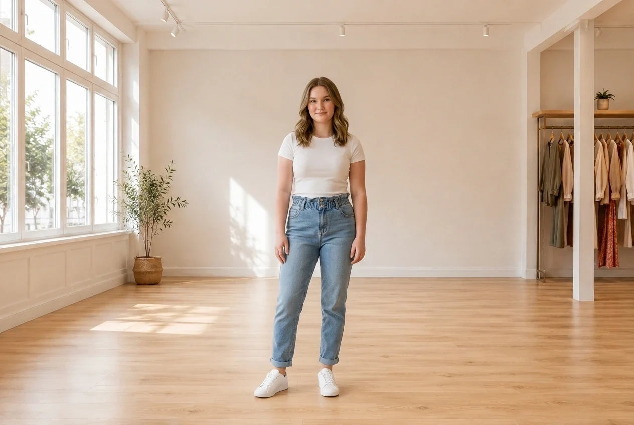 Model wearing Teen X-Large Jeans (Young Women's) Teen High-Rise Paperbag Jeans in Online Warehouse Sale boutique studio