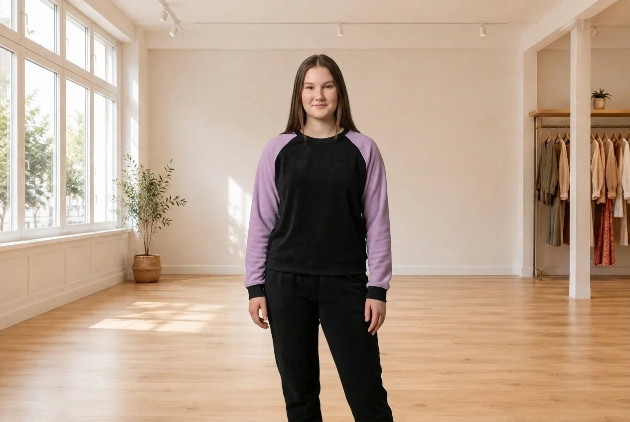 Model wearing Teen X-Large Loungewear and Pajamas Teen Piped Raglan Sweatshirt (Young Women's Fit) in Online Warehouse Sale boutique studio
