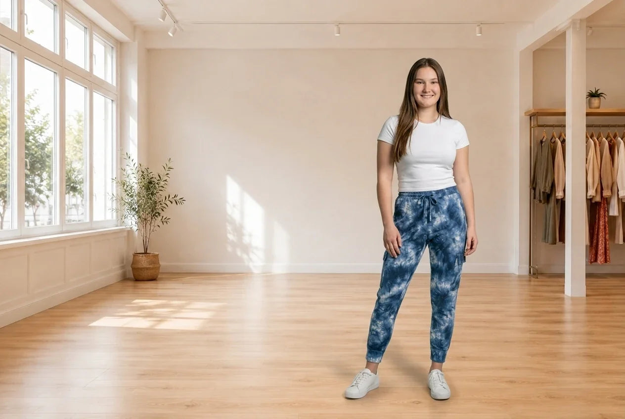 Model wearing Teen X-Large Pants Teen Tie-Dyed Joggers (Young Women's Fit) in Online Warehouse Sale boutique studio