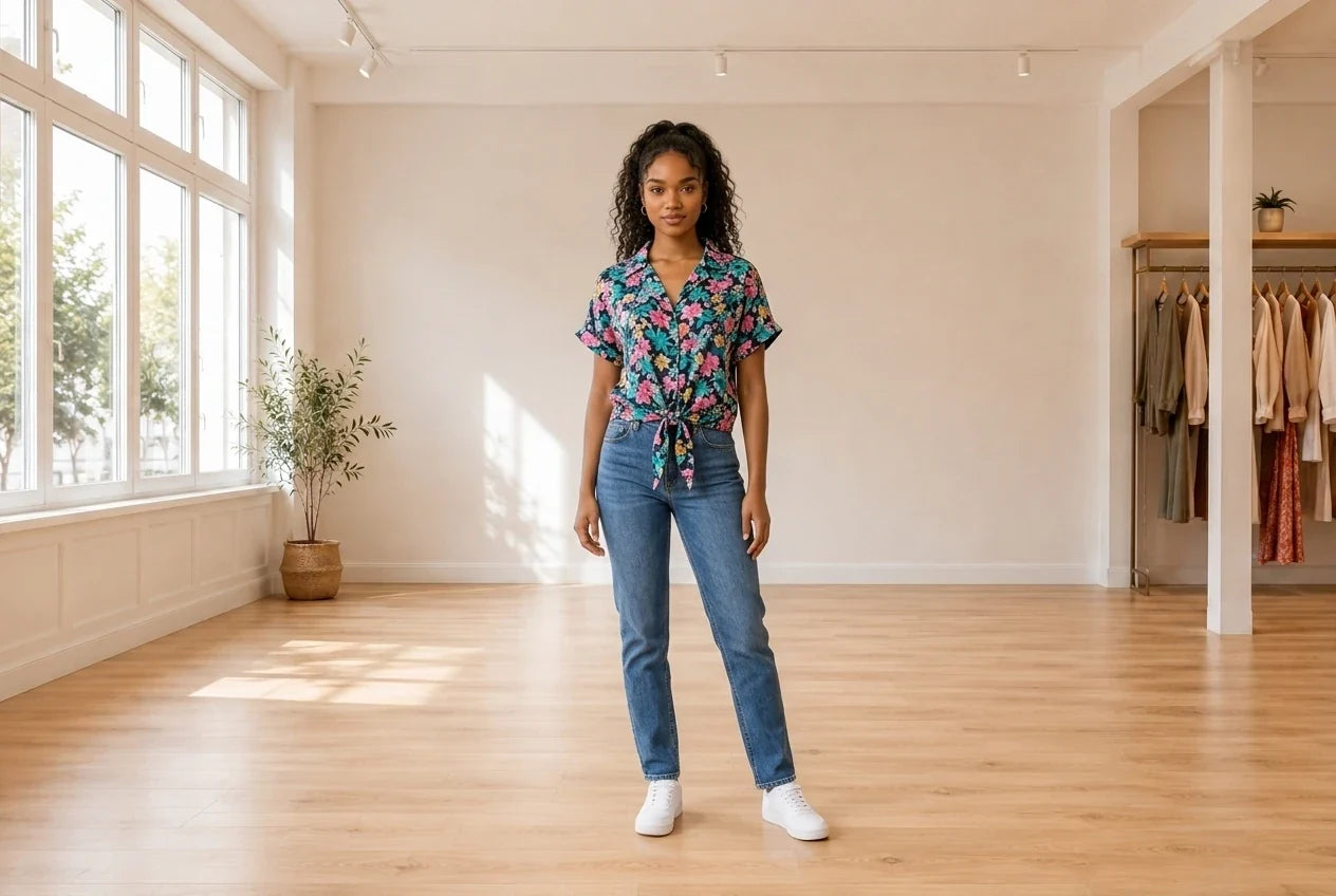 Model wearing Teen X-Small Blouses Teen Printed Tie-Front Blouse (Young Women's Fit) in Online Warehouse Sale boutique studio