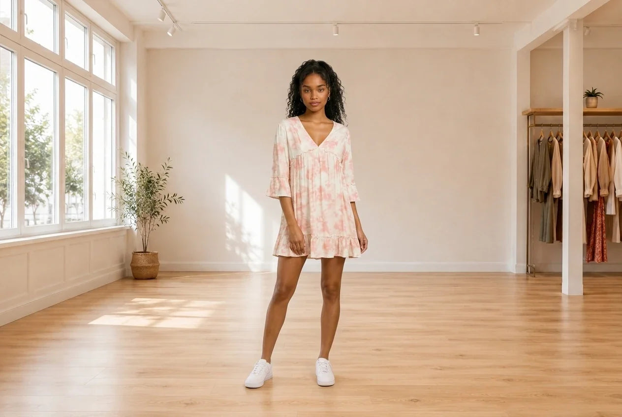 Model wearing Teen X-Small Dresses Teen Tie-Dyed A-Line Dress (Young Women's Fit) in Online Warehouse Sale boutique studio