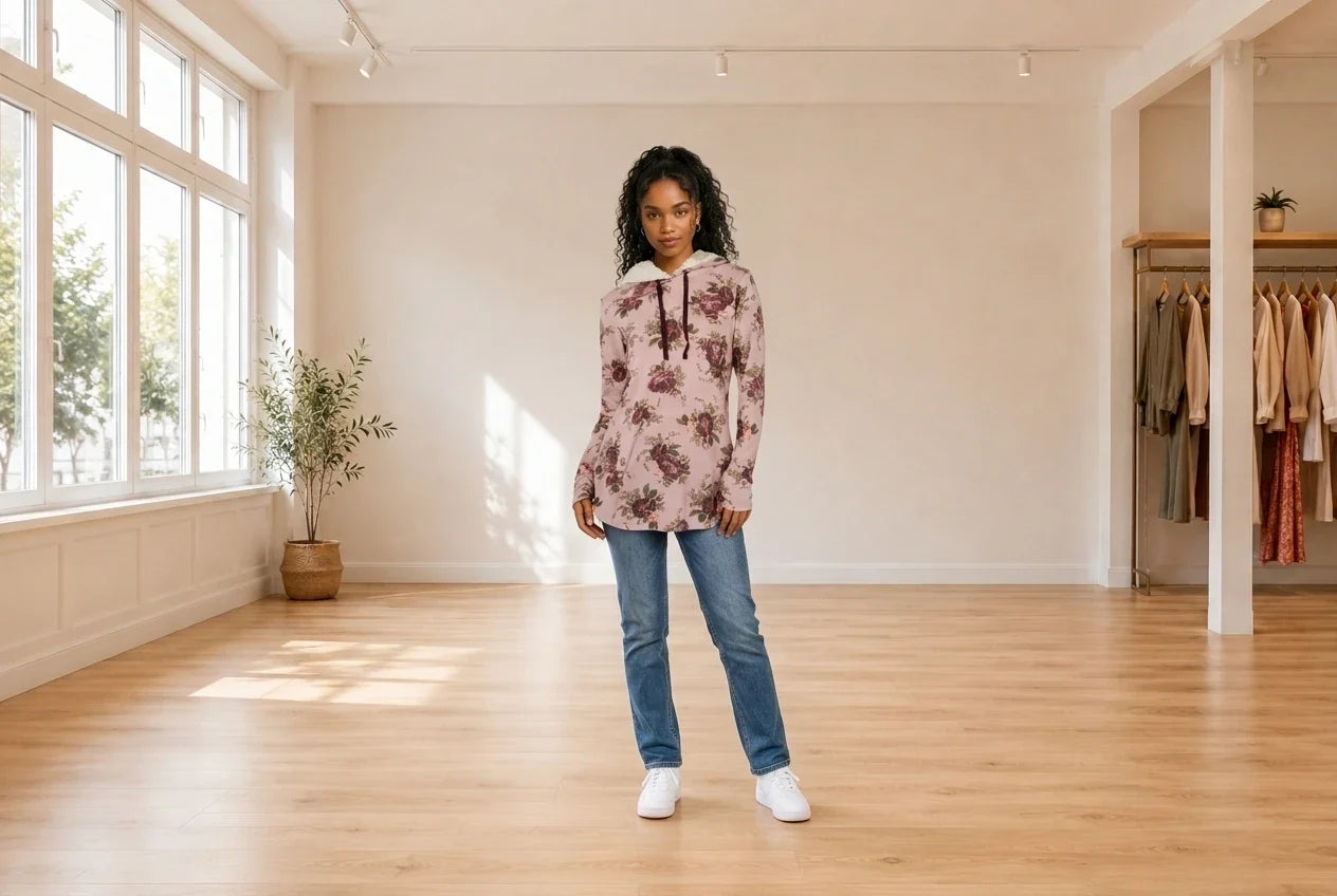 Model wearing Teen X-Small Hoodies and Sweatshirts (Young Women's) Teen Printed Faux Sherpa-Trimmed Hoodie in Online Warehouse Sale boutique studio
