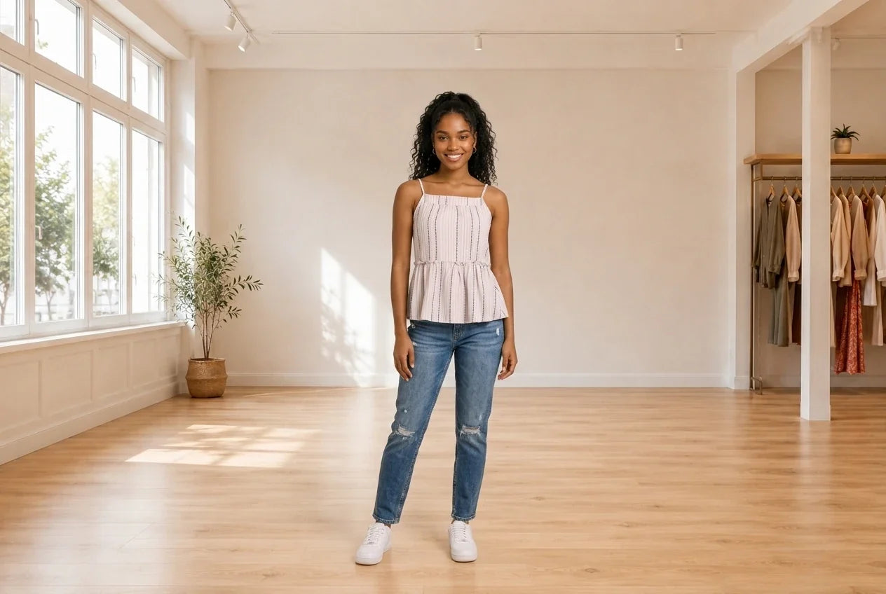Model wearing Teen X-Small Shirts and Blouses Teen Printed Peplum Top (Young Women's Fit) in Online Warehouse Sale boutique studio